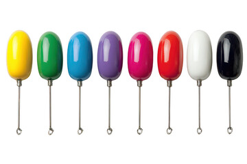 Eight vibrant fishing bobbers, each with a metallic stem and loop, showcasing a spectrum of colors. isolated on transparent background
