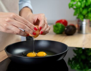 Woman Cracking Fresh Eggs into a Nonstick Frying Pan for Cooking in a Modern Kitchen