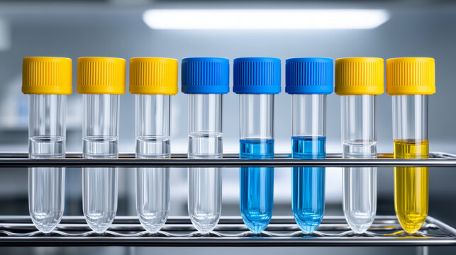 Laboratory cryovials arranged in a storage rack with liquid samples, clean clinical research concept for biotechnology, diagnostics, medical testing, pharmaceutical studies, science presentations 