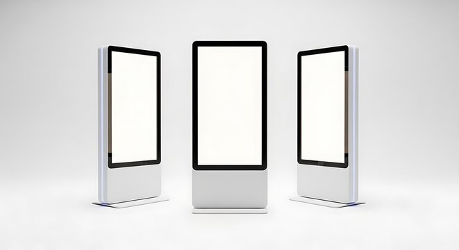 Three modern digital signage kiosks with blank vertical screens, perfect for advertising and information display mockups, isolated on white background