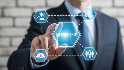 Businessman interacting with a glowing digital interface selecting the membership option surrounded by icons representing finance, community, and legal aspects of association
