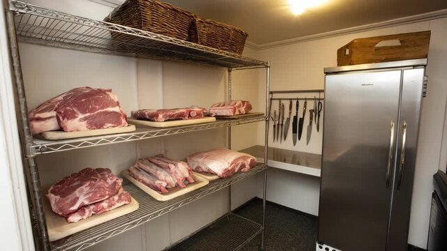 Medium shot of a clean organized meat processing area using ecoconscious practices to minimize waste and optimize resource use for sustainability.