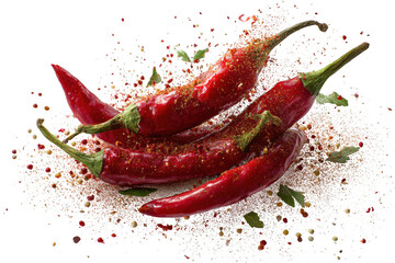 Vibrant red hot chili peppers with a dynamic explosion of colorful spices, herbs, and seasonings isolated on transparent background