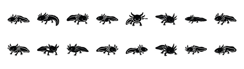 axolotl icons collection. Animal icon set. Isolated on White background