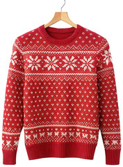 A vibrant, intricately patterned red knitted Christmas sweater with classic Nordic snowflake and reindeer motifs, hangs gracefully from a light-colored wooden, isolated on transparent background.