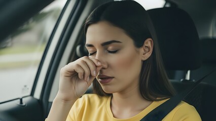 Tired Young Woman in Car Feeling Unwell with Headache or Allergy Symptoms Touching Nose While Driving