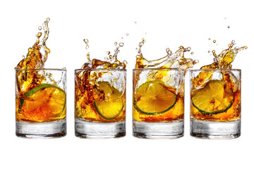 Dynamic splash of amber liquid cocktails with fresh lime slices in four elegant glasses, refreshing beverage isolated on transparent background