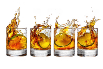 Dynamic splash of amber liquid cocktails with fresh lime slices in four elegant glasses, refreshing beverage isolated on transparent background
