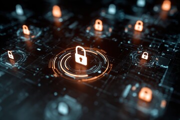 Exploring a hacker attack scenario with digital locks and glowing security icons illustrating cyber threats and vulnerabilities in a tech environment