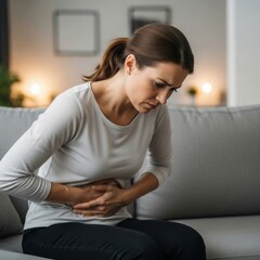Obraz premium Young woman sitting on couch feeling unwell with stomach cramps or abdominal pain, concept of menstrual pain or food poisoning