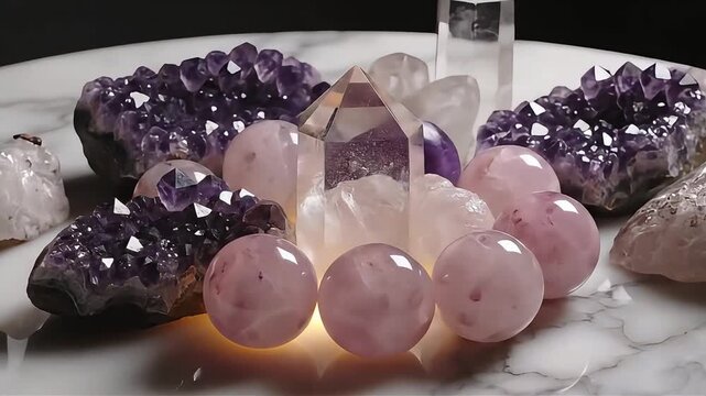 Beautiful arrangement of vibrant purple amethyst clusters, smooth pink rose quartz spheres, and clear quartz points, delicately placed on an elegant marble surface with a warm, soft glow.