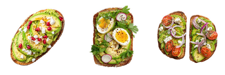 Top View of Fresh Avocado Toast Varieties with Colorful Toppings and Garnishes Isolated on Transparent Background