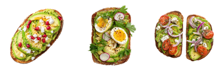 Top View of Fresh Avocado Toast Varieties with Colorful Toppings and Garnishes Isolated on Transparent Background