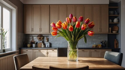 A vibrant bouquet of red and yellow tulips in a glass vase stands proudly on a wooden kitchen table.