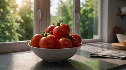 Fresh, ripe red tomatoes piled in a white bowl on a kitchen countertop, illuminated by warm sunlight streaming through the window.