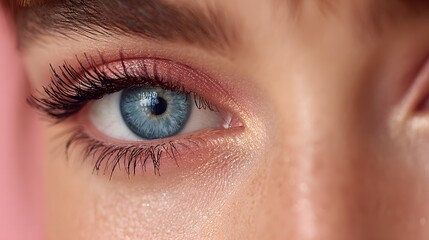 Fototapeta premium Close-up of a woman's blue eye with long eyelashes and detailed skin texture, showcasing beauty, makeup, and facial features in high resolution