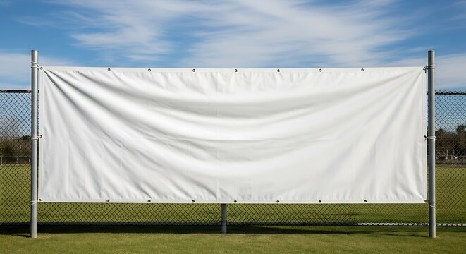 Blank white banner sign on a chainlink fence in a grassy field under a blue sky, ready for custom text or advertisement