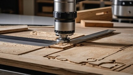 Close-up of a woodworking router in action, carving intricate designs on a wooden surface, showcasing craftsmanship and precision.
