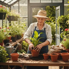 Obraz premium Authentic depiction of active aging featuring a gardener nurturing plants, focusing on the tactile connection between wrinkled hands and the earth.
