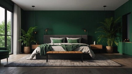 Stylish modern bedroom featuring a green color palette, with a cozy bed and lush indoor plants.
