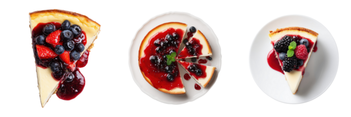 Top View of Delicious cheesecake slices topped with vibrant berry fruit sauce isolated on transparent background