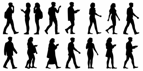 Silhouettes of people walking in various poses and different outfits