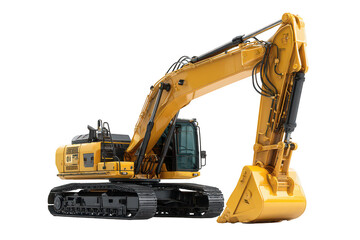 Heavy-duty yellow hydraulic excavator, ready for construction and earthmoving work isolated on transparent background