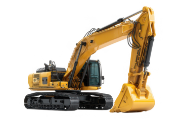 Heavy-duty yellow hydraulic excavator, ready for construction and earthmoving work isolated on transparent background