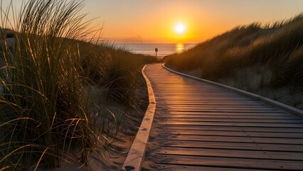 Sunset on a serene beach boardwalk through tall grasses and sand dunes