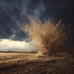 Powerful dust tornado swirls over golden field under stormy sky
