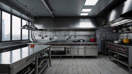 Modern commercial kitchen with stainless steel appliances, bright natural light, and a clean, organized work area.