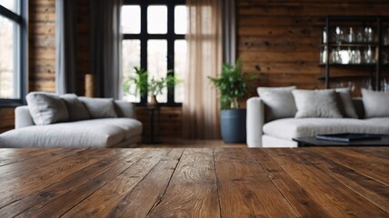 Cozy living room with wooden accents and plush seating, featuring large windows and green plants.