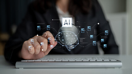 AI neural network and data processing system visualizing artificial intelligence with brain structure, chip, and connected data blocks for computation and learning Latch