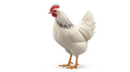White hen standing on clean white background. Healthy poultry, farm animal with bright red comb and wattle, yellow legs. Ideal for agriculture, food, or pet concepts.
