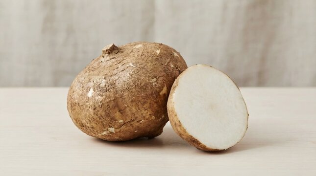 Fresh whole and halved jicama root vegetable on wooden table with neutral background