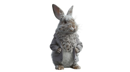 Small rabbit sitting upright with detailed fur isolated on a white background