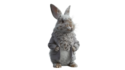 Small rabbit sitting upright with detailed fur isolated on a white background
