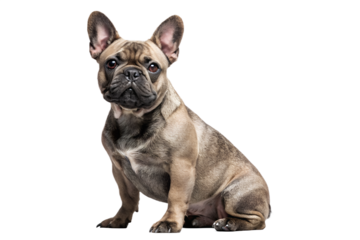 French bulldog sitting and looking at the camera. Full body realistic portrait of a purebred dog isolated on transparent background, PNG.