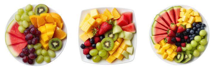 Top View of Fresh and Colorful Fruit Platter with Variety of Seasonal Fruits Isolated on Transparent Background