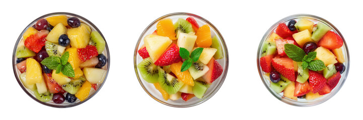 Top View of Colorful Fruit Salad Bowls with Fresh Ingredients and Mint Garnish Isolated on Transparent Background