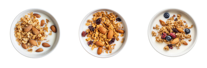 Top View of Bowl of Yogurt with Granola and Nuts Isolated on Transparent Background