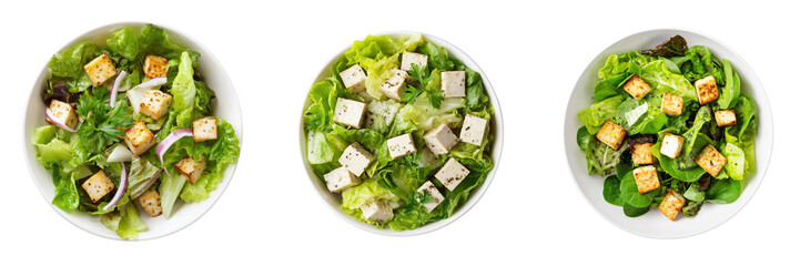 Top View of Fresh Green Salad with Cheese Cubes Isolated on Transparent Background