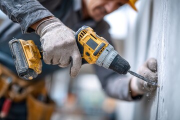 Multitool worker drills hole in laminate panel at construction site to prepare for installation during a bright workday