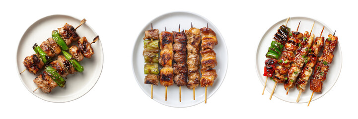 Top View of Delicious Variety of Grilled Skewers Isolated on Transparent Background
