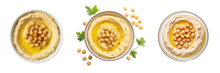 Top View of Delicious Smooth Hummus Varieties with Chickpeas and Olive Oil Isolated on Transparent Background