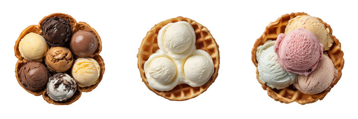 Top View of Delicious Assortment of Ice Cream in Waffle Isolated on Transparent Background
