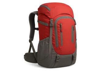 Fototapeta premium Red and grey hiking backpack for outdoor adventures, travel, camping, and trekking, isolated with transparent background