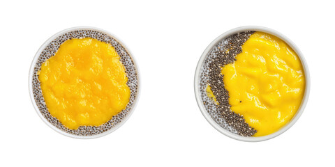Top View of Bright and Creamy Mango Mousse with Chia Seeds Isolated on Transparent Background