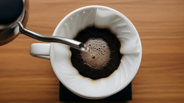 Barista Hands Pouring Hot Water into Filter for Fresh Drip Coffee Brewing Process on Wooden Table
