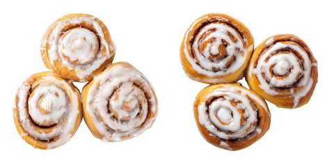 Top View of Freshly Baked Cinnamon Rolls with Icing Isolated on Transparent Background